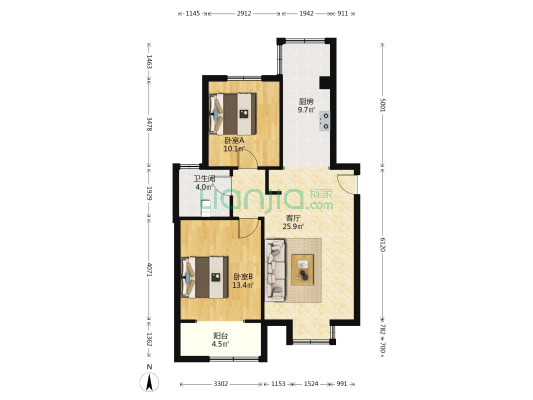 欧美榭香里 2室1厅1卫 95平方