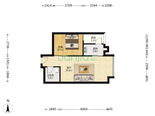 麓山国际悦庭 1室1厅1卫 58平方