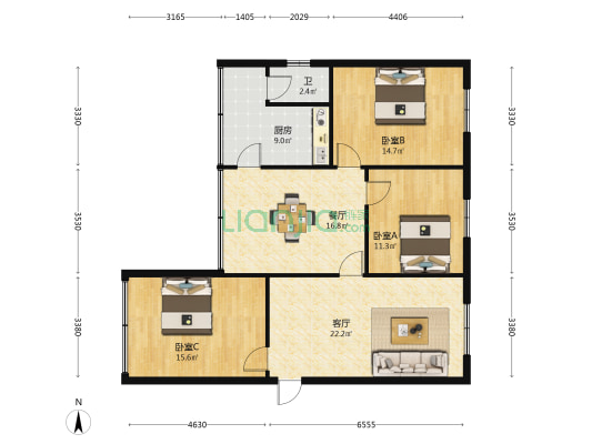 民强路3号 3室2厅1卫 114平方