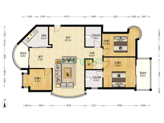广厦名苑 3室2厅2卫 140平方