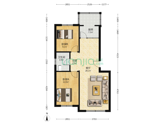 现代幸福城二期 2室1厅1卫 115平方