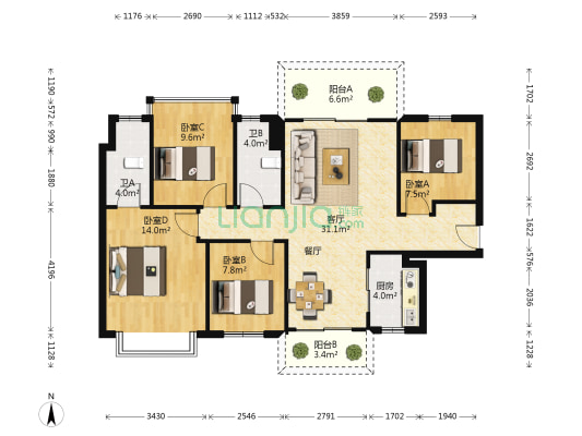 联发君悦 4室1厅2卫 117平方