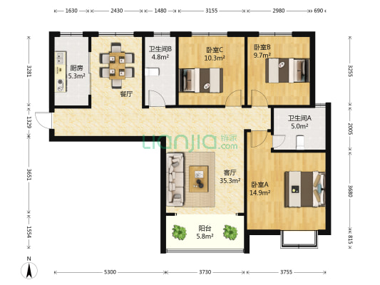 汇润印象 3室1厅2卫 121平方