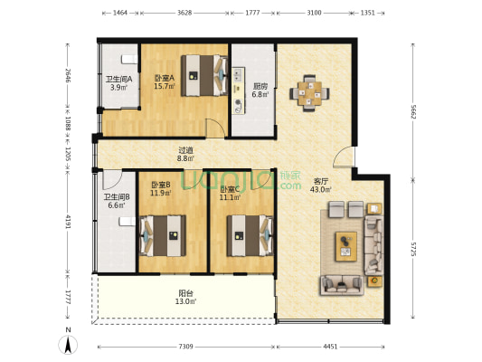 新华镇桂花楼 3室1厅2卫 112平方