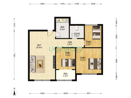 天悦小区 3室1厅1卫 97平方