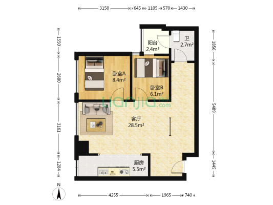 亚商国际 2室1厅1卫 70平方