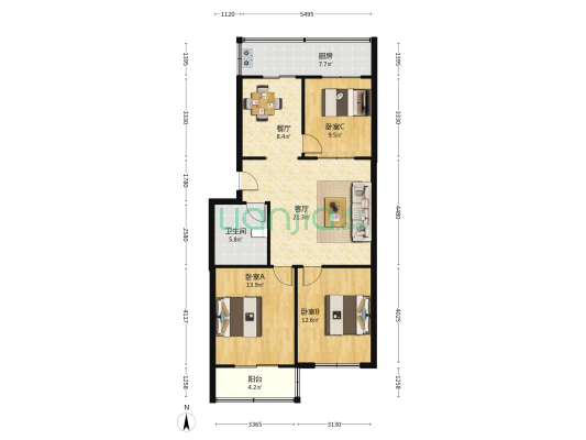 供电局宿舍 3室2厅1卫 93平方