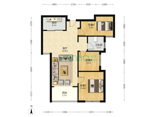广荣福第 3室1厅1卫 88平方