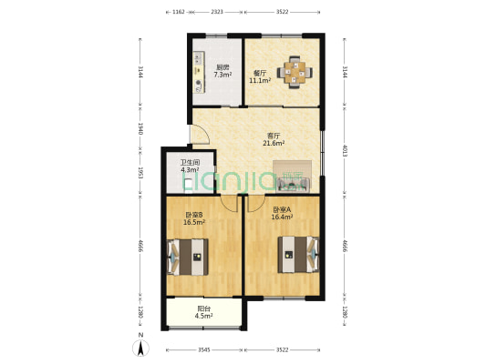 慈中路 2室2厅1卫 100平方
