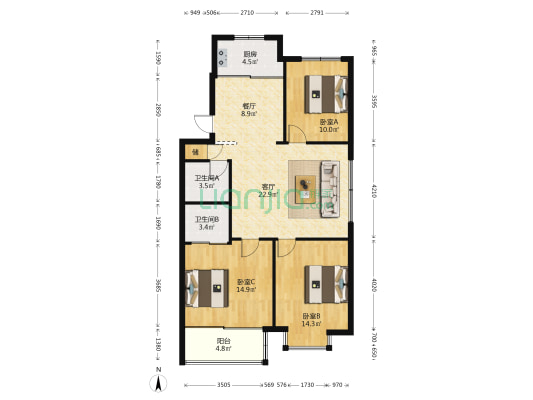 咸园小区 3室2厅2卫 110平方