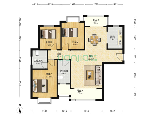 东方现代城北苑二区 3室1厅2卫 116平方