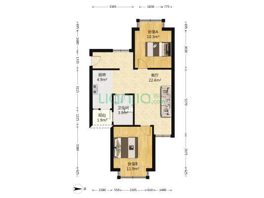 都市阳光 2室1厅1卫 68平方