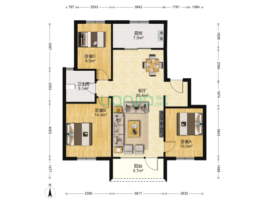 融创观澜壹号 3室1厅1卫 112平方