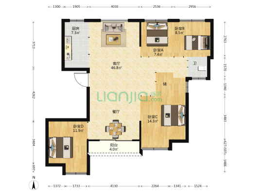新玺西湖億礼 4室1厅1卫 137平方