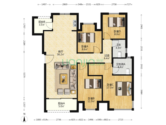 御华兰亭一期 4室1厅2卫 122平方