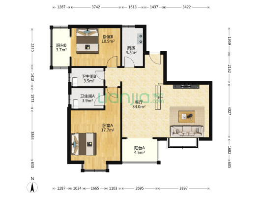 碧辉园山水园林A区 2室1厅2卫 101平方