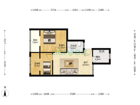 襄江饭店家属院 2室1厅1卫 58平方