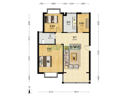 金阳光小区 3室1厅1卫 85平方