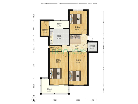 山西省农行宿舍 3室1厅1卫 94平方