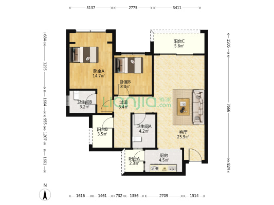 中国摩三期金棕公馆 2室1厅2卫 97平方