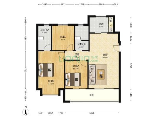 世茂苏河鹭鸣 3室1厅2卫 117平方