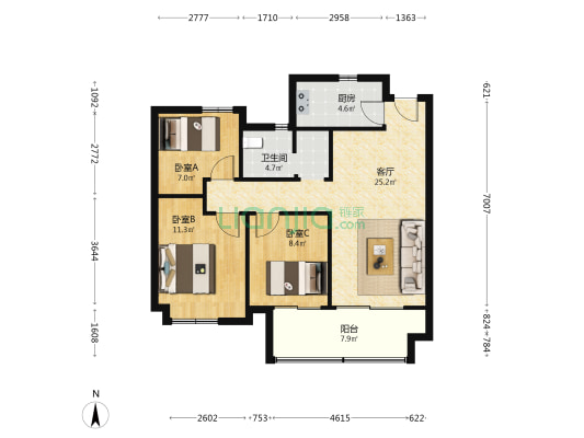 中北三盛汝悦铭著 3室1厅1卫 88平方