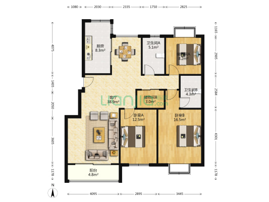 钢城花园二村 2室1厅2卫 122平方