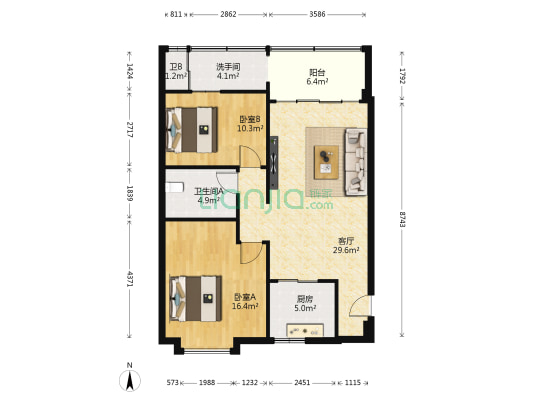 侨都花园 2室1厅3卫 92平方