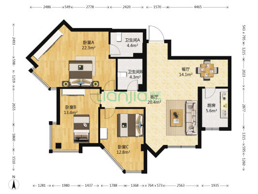 天庐苑 3室2厅2卫 120平方