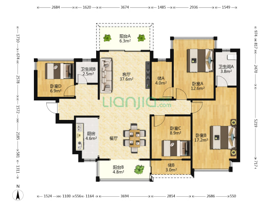 嘉和城依云堡 4室1厅2卫 127平方