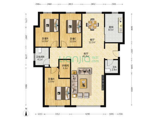 景园  盛世华都 3室2厅2卫 156平方