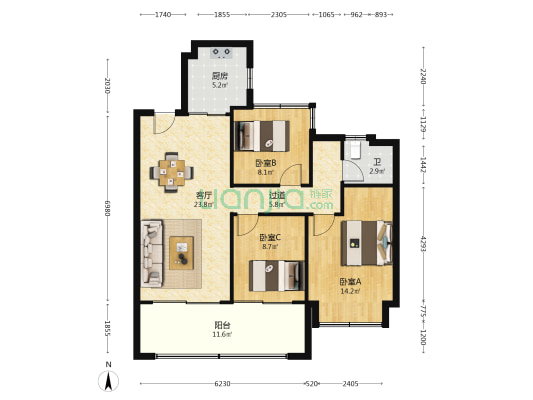 伟星印湖山 3室1厅1卫 108平方