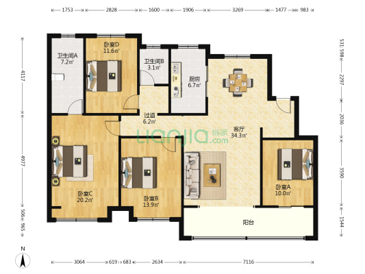 天阅湖滨雅苑 4室1厅2卫 148平方