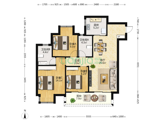 时代城（锡溪名筑） 3室1厅2卫 114平方