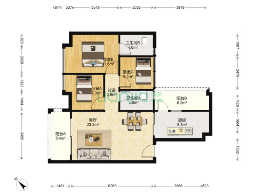 海都广场 3室1厅2卫 101平方