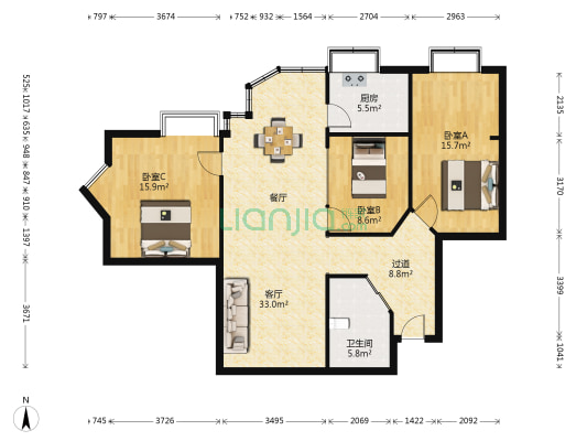 汇龙商厦 3室1厅1卫 92平方