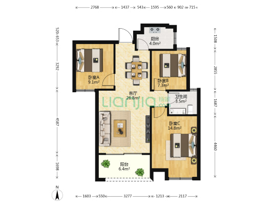 华硕御龙苑 3室1厅1卫 96平方