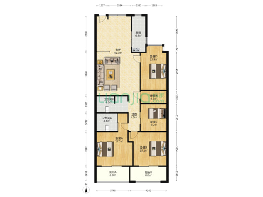 万康财富广场 4室1厅2卫 186平方