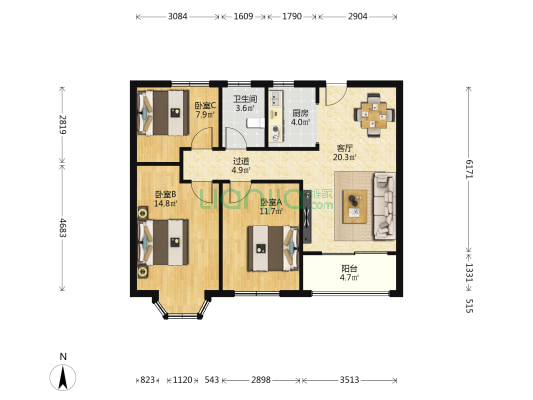 大名城B区禾郡 3室1厅1卫 96平方