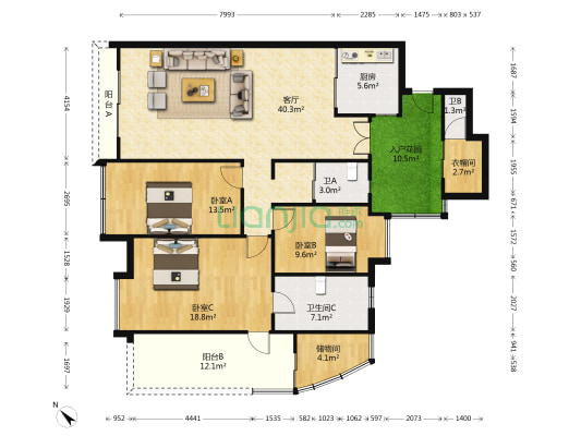 逢源轩 3室1厅3卫 155平方