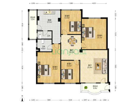 悦银街小区 4室2厅2卫 145平方