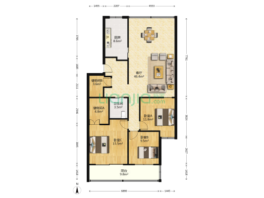 宏景花园 3室1厅1卫 128平方