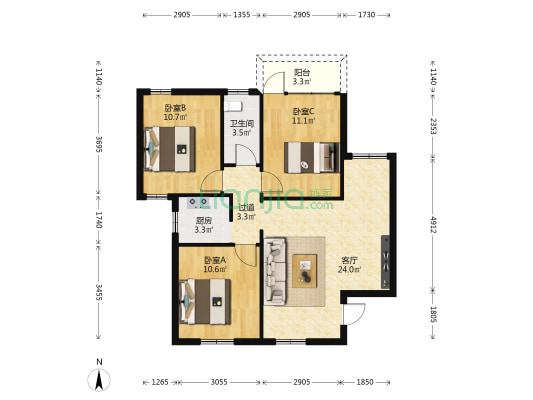 银香新村 3室1厅1卫 80平方