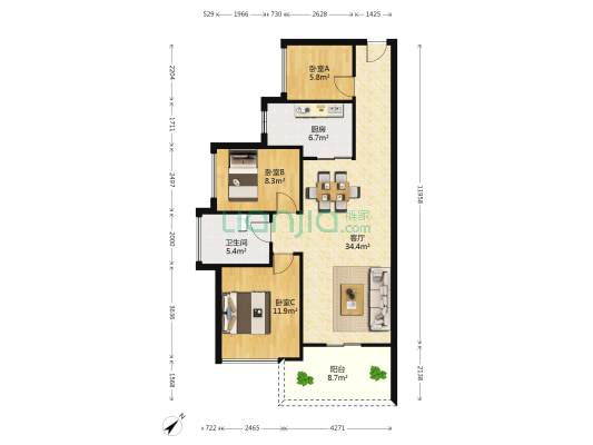 万隆新天地 3室1厅1卫 90平方