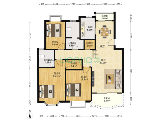 东苑世纪名门 3室1厅2卫 131平方