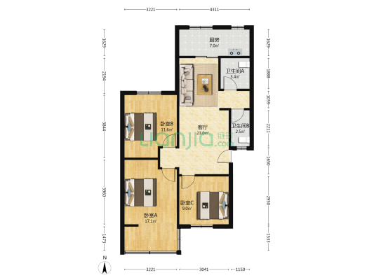 二十九所生活区甲区 3室1厅2卫 87平方