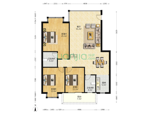 家园 3室1厅2卫 149平方