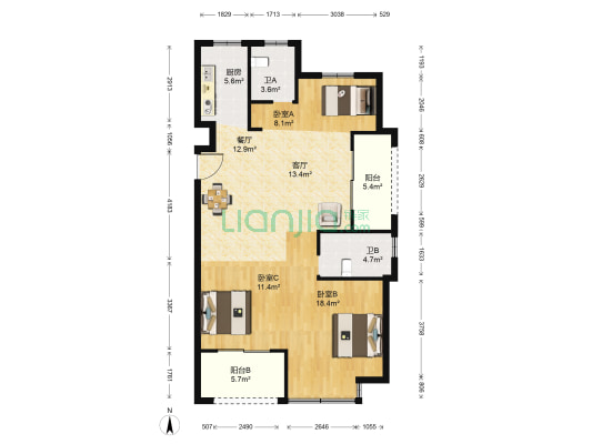 长虹春天 3室2厅2卫 103平方