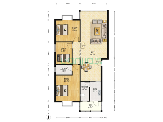 丰泽园 3室1厅2卫 125平方