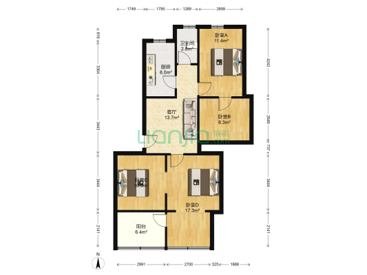 五三北路6号 4室1厅1卫 62平方